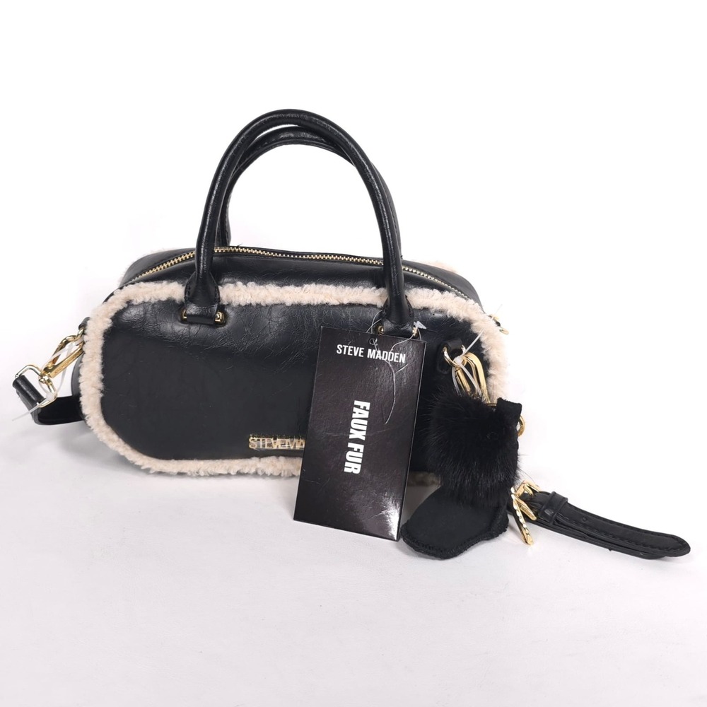 STEVE MADDEN Women New Bag Black Crossbody Gold Winter Faux Fur DT626345 BJEMMIE